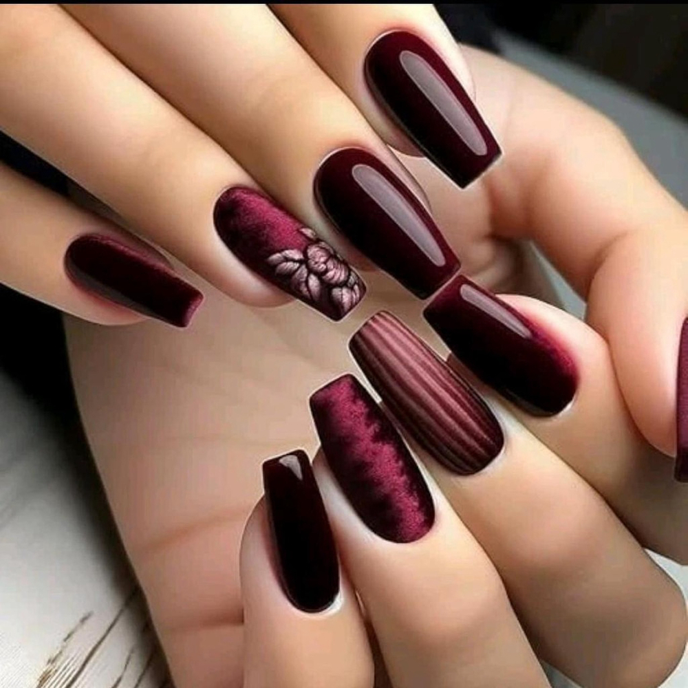 24PC Short Coffin Press On Flower Red Full Cover Set Am